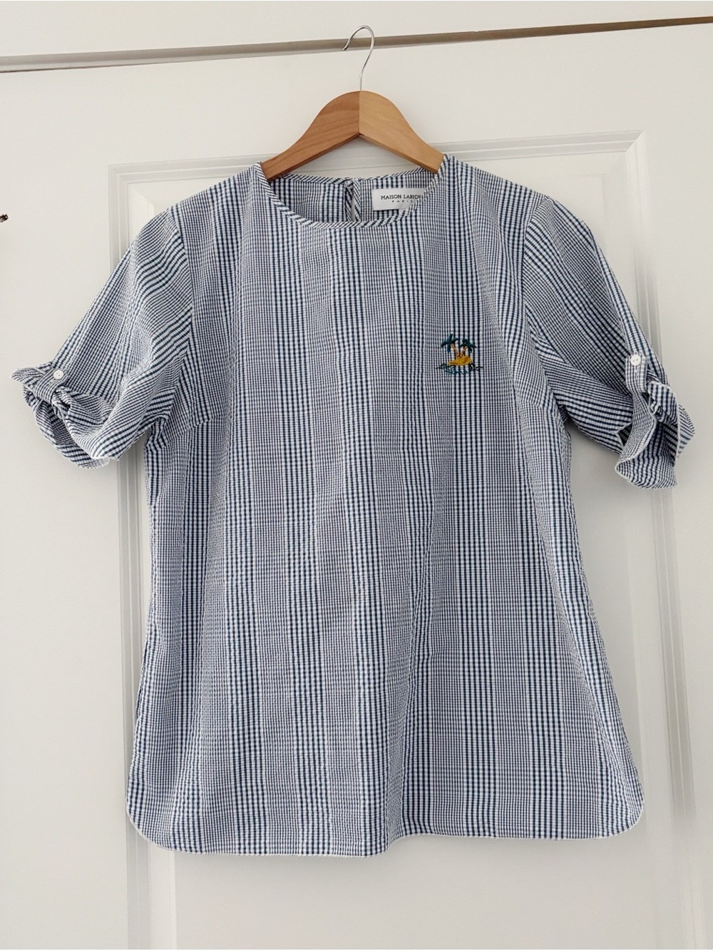 Maison Labiche Paris Plaid Seersucker Aloha Dragonfly Puff Sleeve Top Medium